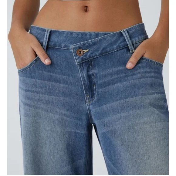 Halara medium wash asymmetrical low rise waist soft denim wide leg jeans, new - Picture 5 of 11